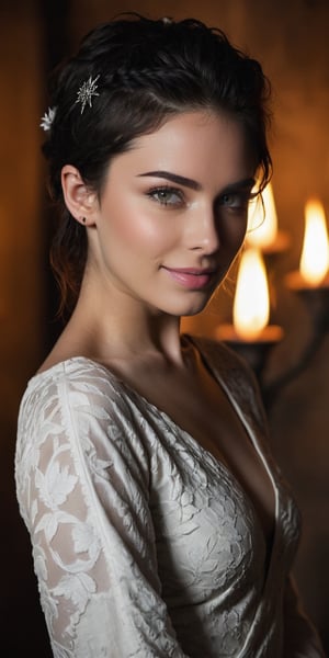 (masterpiece: 1.3) photo of a beautiful girl about 20 years old, short frizzy dark black hair punk style hairstyle, perfect fingers, detailed skin texture, textured skin, sweet face with soft features, eyes very open, (small, photorealistic, photorealism: 1.37), wearing white tunic with decorations intricate details over his naked body, dynamic pose, in dark hall interior, dimly lit by torches on the wall, soft lighting,photo r3al,GAME OF THRONES style,