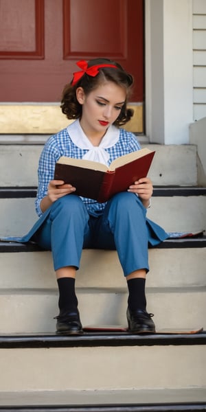 American school girl 50s, sitting on the stairs of the school reading a book, Norman Rockwell style,