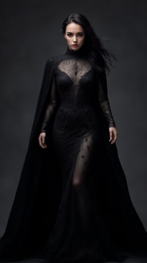 A evil beauty woman, Hiperrealistic, big red eyes,black hair,thick eyelashes,black colored dress,A sparkly black dress symbolizing darkness with a long cape,magic power,beautiful,gorgeous,4k,best quality,finely detailed,beautiful eyes and detailed,high quality,high resolution,hyper detail,super detail,intricate details,masterpiece, half body view, UHD