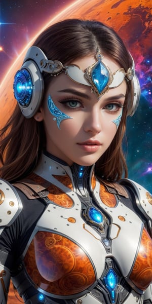 The face of a pretty girl in a cyborg, ((full body view,)) wearing a detailed sci-fi armor, with expressive eyes and a clever and quirky fractal sprindles. The background is a surreal dreamscape of Mars, with a gibberflame made of organic pattern. The colors are dark, yet vibrant and the image quality is professional and of the highest quality. The style is abstract 3D fractal, art surrealism, with a military armor theme. The composition is balanced, with an interesting perspective and good lighting.