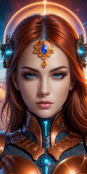 Face of a pretty girl in a cyborg, wearing a detailed sci-fi armor, with expressive eyes and a clever and quirky fractal sprindles. The background is a surreal dreamscape of Mars, with a gibberflame made of organic pattern. The colors are dark, yet vibrant and the image quality is professional and of the highest quality. The style is abstract 3D fractal, art surrealism, with a military armor theme. The composition is balanced, with an interesting perspective and good lighting.