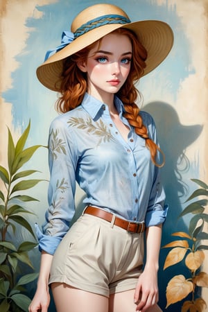 painting_(artwork), slim body female, qil painting estyle Leonardo da Vinci, ginger, freckles, braided updo hair, ((slim long opened shirt,)) pale blue eyes, smokey make-up, short pants, sensual, leaning forward, bend hips, sketched herbarium background, fisher hat created from textile, printed herbarium pattern, hat pulled over eyes