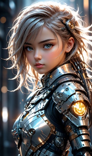 Beautiful warrior cyborg girl, 20y.o, small and cute, (eye color switch), (bright and clear eyes), ((Intrincate details,)) semi-anime style, depth of field, lighting cinematic lighting, dark robotic armor with intrincate details, reflected light, glow light, side view, close up, masterpiece, best quality, high resolution, super detailed, high resolution surgery precise resolution, UHD, skin texture,full_body,chibi