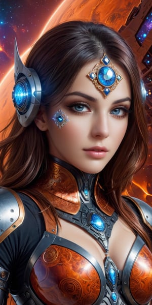 Face of a pretty girl in a cyborg, wearing a detailed sci-fi armor, with expressive eyes and a clever and quirky fractal sprindles. The background is a surreal dreamscape of Mars, with a gibberflame made of organic pattern. The colors are dark, yet vibrant and the image quality is professional and of the highest quality. The style is abstract 3D fractal, art surrealism, with a military armor theme. The composition is balanced, with an interesting perspective and good lighting.