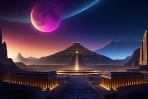 A bright star filled night time image of an ancient summerian city, with a ziggurat at the center.  You can see ominous mountains in the distance. from behind a large moon glows dimly. detailed matte painting, deep color, fantastical, intricate detail, splash screen, complementary colors, fantasy concept art, 8k resolution trending on Artstation Unreal Engine 5