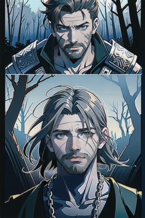 

style: (8k uhd, realistic, hyper-detailed portraiture, tenebrism style, chiaroscuro, very dark, no ambient light, masterpiece,  vintage)

setting: (A clearing with a forest and grassland)

subject: ((man: Armis),( Armis is a grizzled human in his thirties, a broken nose, hawkish features), (cre cut hair), (grey eyes), (a scruffy beard), (scar across his left eyes))

clothing: (mercenary, Chainmail armor, no helmet, a long sword in his right hand, a shield in his left hand)

action: (sprinting from right to left, attacking a were wolf, several mercenaries lay dead beneath them) 

