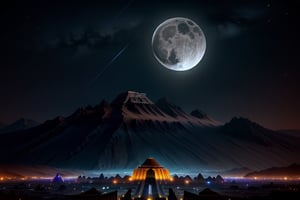 A bright star filled night time image of an ancient summerian city, with a ziggurat at the center.  You can see ominous mountains in the distance. from behind a large moon glows dimly. detailed matte painting, deep color, fantastical, intricate detail, splash screen, complementary colors, fantasy concept art, 8k resolution trending on Artstation Unreal Engine 5