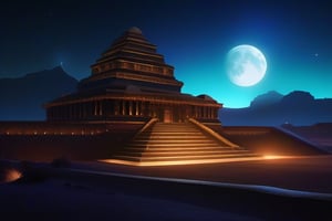 A bright star filled night time image of an ancient summerian city, with a ziggurat at the center.  You can see ominous mountains in the distance. from behind a large moon glows dimly. detailed matte painting, deep color, fantastical, intricate detail, splash screen, complementary colors, fantasy concept art, 8k resolution trending on Artstation Unreal Engine 5