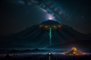 A bright star filled night time image of an ancient summerian city, with a ziggurat at the center.  You can see ominous mountains in the distance. from behind a large moon glows dimly. detailed matte painting, deep color, fantastical, intricate detail, splash screen, complementary colors, fantasy concept art, 8k resolution trending on Artstation Unreal Engine 5