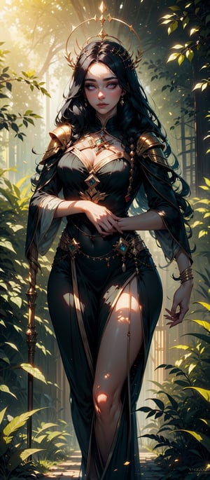 In a dappled, ancient forest ruin, an Fay enchantress stands tall, her staff raised high as beams of warm sunlight filter through the trees, casting a golden halo around her regal figure. Her revealing enchanted clothing shimmers in the soft light, while lush foliage and vines surround her, creating a lush environment. long Black hair frames her incredible beauty and violet eyes stare with yearning. The camera captures a sharp focus on the womans face, with the rule of thirds composition placing her at the intersection of two diagonals. Shot during the golden hour, the scene exudes an ethereal mood, inviting the viewer to step into this mystical realm., ,fantasy,better_hands,leonardo,angelawhite,Enhance