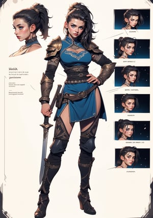 The concept character sheet of a strong, attractive, and hot warrior lady, with short black hair, blue eyes, wearing medieval armor, wears a sword at her left hip, Her face is oval,  forehead is smooth and visibly rounded at the temples. jawline is softly defined,  giving her a gentle, athletic and feminine appearance, full body,  Full of details, frontal body view, back body view, her name printed to one side, her name is Saskia,Highly detailed, Depth, Many parts,((Masterpiece, Highest quality)), 8k, Detailed face (ponytail hair) (black hair) (blue eyes), angry expression, Infographic drawing. Multiple sexy poses. tattoos,3d,SAM YANG,incase