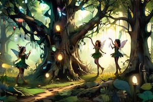 A fantastical forest scene, extreme close up shot, full body shot, show several whimsical fairies dancing, both male and female in the tall grass , the roots of a great old tree are seen nearby, dimly lit, but rays of sunlight brighten up the scene, faerie lights of different colors dance in the air