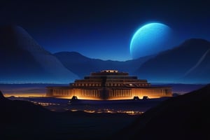 A bright star filled night time image of an ancient summerian city, with a ziggurat at the center.  You can see ominous mountains in the distance. from behind a large moon glows dimly. detailed matte painting, deep color, fantastical, intricate detail, splash screen, complementary colors, fantasy concept art, 8k resolution trending on Artstation Unreal Engine 5