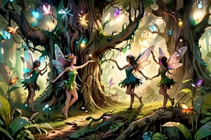 A fantastical forest scene, extreme close up shot, full body shot, show several whimsical fairies dancing, both male and female in the tall grass , the roots of a great old tree are seen nearby, dimly lit, but rays of sunlight brighten up the scene, faerie lights of different colors dance in the air