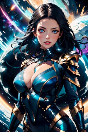 Hyper-realistic concept art. Mid shot. A woman in her thirties with an elongated skull, black hair, blue eyes, and a curvaceous figure wears a bodysuit and chest plate armor, floating in space with psychic energy glowing from her forehead. Intricately detailed, colorful and dramatic. Energized porcelain-like skin, dark metallic armor, vibrant glowing aura. Highly charged dynamic lighting, rich detailed space backdrop. massive cosmic energy. Vibrant yet detailed art.