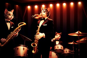 Three cats in tux's are playing in a jazz bar playing the saxophone. One on sax, drums, and piano. Dimly lit, spot lights on the stage. Cinematic film still, film grain, vignette, best quality, atmospheric