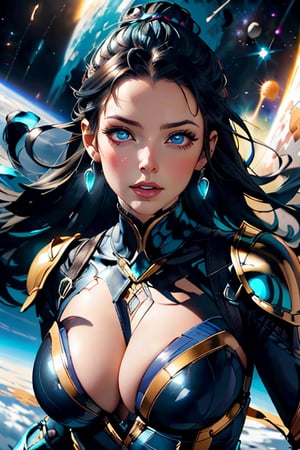 Hyper-realistic concept art. Mid shot. A woman in her thirties with an elongated skull, black hair, blue eyes, and a curvaceous figure wears a bodysuit and chest plate armor, floating in space with psychic energy glowing from her forehead. Intricately detailed, colorful and dramatic. Energized porcelain-like skin, dark metallic armor, vibrant glowing aura. Highly charged dynamic lighting, rich detailed space backdrop. massive cosmic energy. Vibrant yet detailed art.