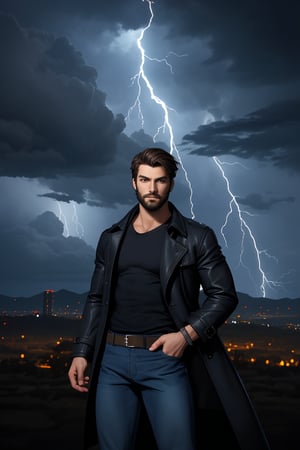 super heroes, mutant, weather control,athletic physique, handsome, rugged,broad jaw,dark brown hair, short hair, blue eyes,feet out of frame, looking at viewer, stylish, beard, black trench coat, black shirt with lightning symbol ,dark blue jeans, dark background,night, Arizona desert,city in the distance,storm clouds, lightning strikes 
