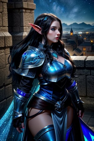 A voluptuous female elf, long hair, thick curly hair, black hair, blue eyes, elf ears. armor in silver and blue color. a elven city in the background, with spiraling towers and crystals as bright as stars.