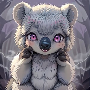 Detailed, High Definition 
 A purple background with a mist making the forest hard to see. 

A cute koala that takes up most of the image, facing the camera. the koala has two wide eyes looking intently with excitement.

