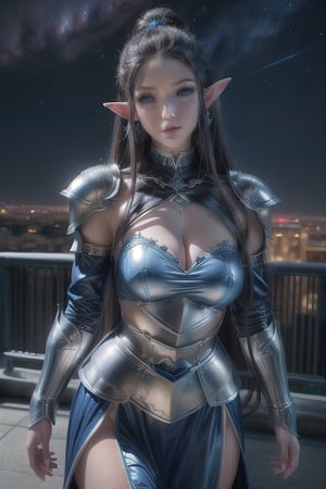 A voluptuous female elf, long hair, thick curly hair, black hair, blue eyes, elf ears. armor in silver and blue color. a elven city in the background, with spiraling towers and crystals as bright as stars.