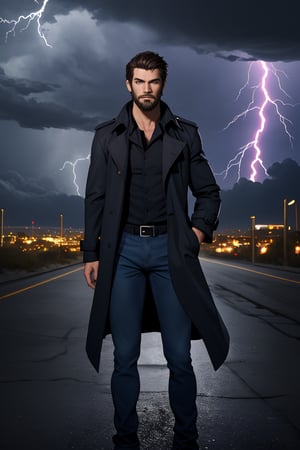 super heroes, mutant, weather control,athletic physique, handsome, rugged,broad jaw,dark brown hair, short hair, blue eyes,feet out of frame, looking at viewer, stylish, beard, black trench coat, black shirt with lightning symbol ,dark blue jeans, dark background,night, Arizona desert,city in the distance,storm clouds, lightning strikes 
