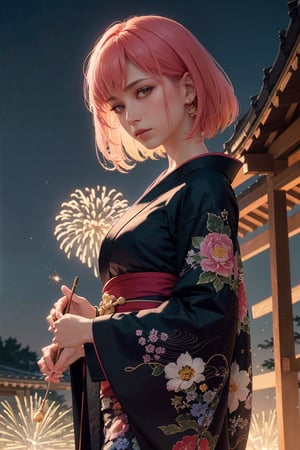 best quality, masterpiece, colorful, dynamic angle, highest detailed) Realistic photo, fashion photography of a mature European woman with iridiscent pink hair, flirting with POV, in traditional japanese gold&black kimono, ultra detailed kimono textures, perfect night, kyoto, fireworks, (intricate details, hyperdetailed:1.15), detailed, moonlight passing through hair, (official art, extreme detailed, highest detailed), HDR+