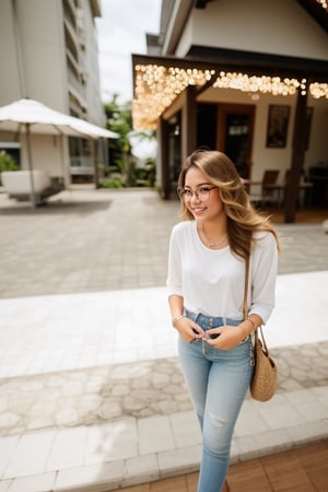 A close up of a 18 year old beautiful Indonesian girl with long and straight blonde hair. She is wearing glasses. She is smiling.