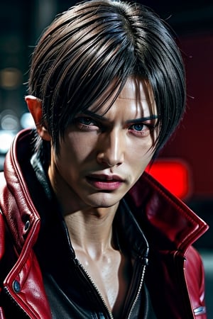 a close up of a person wearing a red jacket and a black shirt, dante from devil may cry, dante from devil may cry 2 0 0 1, son of sparda, devil may cry, v from devil may cry as an elf, dante, as a character in tekken, game cg, he's very menacing and evil,photorealistic