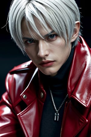 a close up of a person wearing a red jacket and a black shirt, dante from devil may cry, dante from devil may cry 2 0 0 1, son of sparda, devil may cry, v from devil may cry as an elf, dante, as a character in tekken, game cg, he's very menacing and evil,photorealistic,REALISTIC