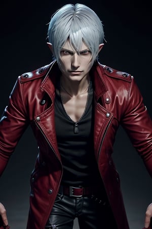 a close up of a person wearing a red jacket and a black shirt, dante from devil may cry, dante from devil may cry 2 0 0 1, son of sparda, devil may cry, v from devil may cry as an elf, dante, as a character in tekken, game cg, he's very menacing and evil,photorealistic,REALISTIC