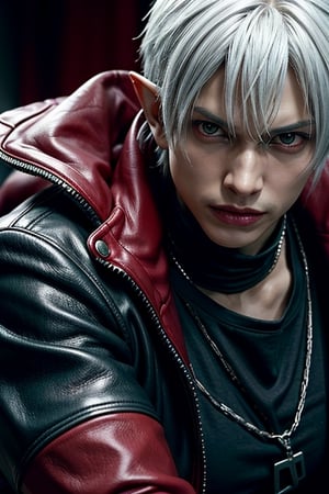 a close up of a person wearing a red jacket and a black shirt, dante from devil may cry, dante from devil may cry 2 0 0 1, son of sparda, devil may cry, v from devil may cry as an elf, dante, as a character in tekken, game cg, he's very menacing and evil,photorealistic,REALISTIC