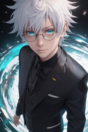 masterpiece, extremely best quality,  official art, (face focus, handsome,  masterpiece,  best quality,  1man, cyan eyes, mullet shortcut hair syle, white hair, eyebrows(white), eye_lashes (white), circle glasses with black lens, black background,  solo,  standing,  pixiv:1), 3d,  looking up,  full body,  light particle,  highly detailed,  best lighting,  pixiv,  depth of field,  (handsomeface),  fine water surface,  incredibly detailed,  (an extremely handsome),  (best quality), 3D anime,  Anime face,  noctic, camera Canon D5 , medium camera_view,more detail XL
