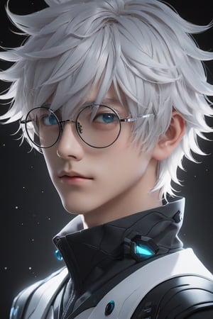 masterpiece, extremely best quality,  official art, (face focus, handsome,  masterpiece,  best quality,  1man, cyan eyes, mullet shortcut hair syle, white hair, eyebrows(white), eye_lashes (white), vintage rounded glasses ,black lens glasses, black background,  solo,  standing,  pixiv:1), 3d,  looking up,  full body,  light particle,  highly detailed,  best lighting,  pixiv,  depth of field,  (handsomeface),  fine water surface,  incredibly detailed,  (an extremely handsome),  (best quality), 3D anime,  Anime face,  noctic, camera Canon D5 , medium camera_view,more detail XL