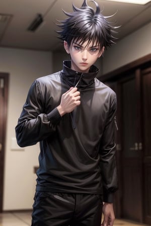 1boy 100% male_focus , solo , spiked_hair , frown , closed_mouth , black_eyes , black_hair , looking_at_viewer , face , blurry_background , v-shaped_eyebrows , close-up , bangs,fushiguro megumi,3D Chibi Figure