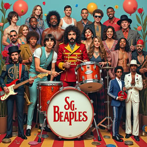 This image is the cover of Sgt. Peppers Lonely Hearts Club Band, an album by The Beatles. The art style is a collage, with a vibrant and colorful depiction of a variety of characters and objects. The medium appears to be a painted canvas, as the brush strokes and texture are visible.The colors are bright and bold, with a predominance of red, blue, yellow, and green. The palette is reminiscent of the 1960s, with a nostalgic and whimsical feel. The characters listed below are dressed in costumes that reflect the era, with a mix of military, circus, and other eclectic outfits.The central figure is a drum set with the albums title, Sgt. Peppers Lonely Hearts Club Band, written on it. Surrounding the drum set are numerous other characters, including historical figures, celebrities, and fictional characters. They are arranged in a tiered fashion, with some standing and others seated, creating a sense of depth.The objects in the image include instruments like guitars, a trumpet, and a trombone, which are indicative of a musical theme. There are also flowers, a guitar pick, and a microphone stand, which further emphasize the musical aspect of the album. The overall composition is playful and imaginative, capturing the essence of the albums concept.The characters and objects are arranged in a way that suggests a celebration or a gathering, with a sense of joy and whimsy. The image is a tribute to the diversity of music and the impact of The Beatles album on popular culture.
Jimi Hendrix in his psychedelic military jacket holding a guitar.
Janis Joplin in her signature bohemian clothing and sunglasses.
Kurt Cobain wearing a flannel shirt, with his guitar slung low.
Freddie Mercury in his white tank top and iconic pose.
Tom Petty in a black top hat and jacket, with his guitar.
David Bowie as Ziggy Stardust, with the lightning bolt makeup.
Eddie Van Halen holding his "Frankenstrat" guitar, smiling.
Tupac Shakur in a bandana and vest, throwing up a West Coast sign.
The Notorious B.I.G. in a suit and hat, with his classic cool pose.
Nipsey Hussle in his blue tracksuit, showing his dedication.
DMX shirtless with a chain, looking intense.
Coolio with his signature hairstyle, wearing a baggy outfit.
Michael Jackson in his iconic red "Thriller" jacket, striking a dance pose.
Whitney Houston in a glamorous gown, microphone in hand.
Prince in his purple outfit with a guitar, striking a stylish pose.
Amy Winehouse with her beehive hair, dressed in a retro black dress.
George Michael in sunglasses and leather jacket, standing confidently.
Aaliyah in her sleek, cool streetwear, striking a bold pose.
Avicii wearing a cap and casual DJ attire, standing behind a set of turntables.
Elvis Presley in his white leisure suit with rhinestones, wearing aviator sunglasses, striking a classic pose with a confident smile.
Each artist should be positioned in a way that reflects their unique personality, style, and contribution to music, blending together in a harmonious but eclectic assembly that pays homage to their legacies, all while adhering to the visual vibrancy and feel of the original "Sgt. Pepper’s" album cover
