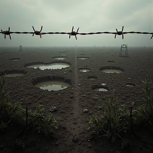 "Create a photorealistic image of a desolate, war-torn no man's land as seen from the perspective of someone standing 10- 15 feet behind a barrier of barbed wire strung across the ground. The foreground should feature sharply detailed, rusted barbed wire, stretching across the frame, with the ends embedded into muddy, waterlogged soil. Beyond the barbed wire, depict a vast, desolate cratered landscape, symbolizing a battlefield. The field should be riddled with numerous craters filled with muddy water, reflecting a somber sky. Sparse, dead vegetation and remnants of military artifacts should be scattered across the muddy terrain. The lighting should be dim and overcast, enhancing the grim atmosphere of a war zone. The entire scene should convey a sense of abandonment and the harsh realities of conflict, rendered with ultra-realistic details to emphasize the texture of the mud, the rust on the barbed wire, and the overall bleakness of the environment."