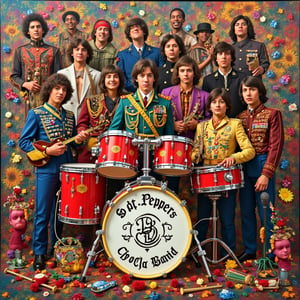 This image is the cover of Sgt. Peppers Lonely Hearts Club Band, an album by The Beatles. The art style is a collage, with a vibrant and colorful depiction of a variety of characters and objects. The medium appears to be a painted canvas, as the brush strokes and texture are visible.The colors are bright and bold, with a predominance of red, blue, yellow, and green. The palette is reminiscent of the 1960s, with a nostalgic and whimsical feel. The characters listed below are dressed in costumes that reflect the era, with a mix of military, circus, and other eclectic outfits.The central figure is a drum set with the albums title, Sgt. Peppers Lonely Hearts Club Band, written on it. Surrounding the drum set are numerous other characters, including historical figures, celebrities, and fictional characters. They are arranged in a tiered fashion, with some standing and others seated, creating a sense of depth.The objects in the image include instruments like guitars, a trumpet, and a trombone, which are indicative of a musical theme. There are also flowers, a guitar pick, and a microphone stand, which further emphasize the musical aspect of the album. The overall composition is playful and imaginative, capturing the essence of the albums concept.The characters and objects are arranged in a way that suggests a celebration or a gathering, with a sense of joy and whimsy. The image is a tribute to the diversity of music and the impact of The Beatles album on popular culture.
Jimi Hendrix in his psychedelic military jacket holding a guitar.
Janis Joplin in her signature bohemian clothing and sunglasses.
Kurt Cobain wearing a flannel shirt, with his guitar slung low.
Freddie Mercury in his white tank top and iconic pose.
Tom Petty in a black top hat and jacket, with his guitar.
David Bowie as Ziggy Stardust, with the lightning bolt makeup.
Eddie Van Halen holding his "Frankenstrat" guitar, smiling.
Tupac Shakur in a bandana and vest, throwing up a West Coast sign.
The Notorious B.I.G. in a suit and hat, with his classic cool pose.
Nipsey Hussle in his blue tracksuit, showing his dedication.
DMX shirtless with a chain, looking intense.
Coolio with his signature hairstyle, wearing a baggy outfit.
Michael Jackson in his iconic red "Thriller" jacket, striking a dance pose.
Whitney Houston in a glamorous gown, microphone in hand.
Prince in his purple outfit with a guitar, striking a stylish pose.
Amy Winehouse with her beehive hair, dressed in a retro black dress.
George Michael in sunglasses and leather jacket, standing confidently.
Aaliyah in her sleek, cool streetwear, striking a bold pose.
Avicii wearing a cap and casual DJ attire, standing behind a set of turntables.
Elvis Presley in his white leisure suit with rhinestones, wearing aviator sunglasses, striking a classic pose with a confident smile.
Each artist should be positioned in a way that reflects their unique personality, style, and contribution to music, blending together in a harmonious but eclectic assembly that pays homage to their legacies, all while adhering to the visual vibrancy and feel of the original "Sgt. Pepper’s" album cover
