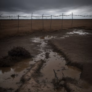 "Create a photorealistic image of a desolate, war-torn no man's land as seen from the perspective of someone standing 10- 15 feet behind a barrier of barbed wire strung across the ground. The foreground should feature sharply detailed, rusted barbed wire, stretching across the frame, with the ends embedded into muddy, waterlogged soil. Beyond the barbed wire, depict a vast, desolate cratered landscape, symbolizing a battlefield. The field should be riddled with numerous craters filled with muddy water, reflecting a somber sky. Sparse, dead vegetation and remnants of military artifacts should be scattered across the muddy terrain. The lighting should be dim and overcast, enhancing the grim atmosphere of a war zone. The entire scene should convey a sense of abandonment and the harsh realities of conflict, rendered with ultra-realistic details to emphasize the texture of the mud, the rust on the barbed wire, and the overall bleakness of the environment."