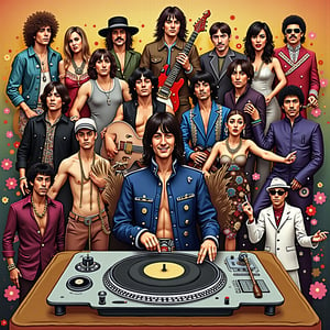 Create an image in the style of the iconic "Sgt. Pepper's Lonely Hearts Club Band" album cover, featuring all the famous and historical music figures listed below, with a DJ turntable being the centerpiece of the cover where the large bass drum would be in the original with the name of the band on it in the original type text "Sgt' Pepper's Lost Hearts Club" on the front of the table cover of the table holding the turn table that   Avicii wearing a cap and casual DJ attire, standing behind a set of turntables. Each artist should be instantly recognizable, wearing their signature outfits and maintaining their unique styles, all placed within a vibrant, collage-like scene resembling the original album cover. The backdrop should evoke a sense of colorful and lively energy, similar to the famous cut-out crowd and flowers of the original, with the artists assembled in tiers.

Jimi Hendrix in his psychedelic military jacket holding a guitar.
Janis Joplin in her signature bohemian clothing and sunglasses.
Kurt Cobain wearing a flannel shirt, with his guitar slung low.
Freddie Mercury in his white tank top and iconic pose.
Tom Petty in a black top hat and jacket, with his guitar.
David Bowie as Ziggy Stardust, with the lightning bolt makeup.
Eddie Van Halen holding his "Frankenstrat" guitar, smiling.
Tupac Shakur in a bandana and vest, throwing up a West Coast sign.
The Notorious B.I.G. in a suit and hat, with his classic cool pose.
Nipsey Hussle in his blue tracksuit, showing his dedication.
DMX shirtless with a chain, looking intense.
Coolio with his signature hairstyle, wearing a baggy outfit.
Michael Jackson in his iconic red "Thriller" jacket, striking a dance pose.
Whitney Houston in a glamorous gown, microphone in hand.
Prince in his purple outfit with a guitar, striking a stylish pose.
Amy Winehouse with her beehive hair, dressed in a retro black dress.
George Michael in sunglasses and leather jacket, standing confidently.
Aaliyah in her sleek, cool streetwear, striking a bold pose.
Avicii wearing a cap and casual DJ attire, standing behind a set of turntables.
Elvis Presley in his white leisure suit with rhinestones, wearing aviator sunglasses, striking a classic pose with a confident smile.
Each artist should be positioned in a way that reflects their unique personality, style, and contribution to music, blending together in a harmonious but eclectic assembly that pays homage to their legacies, all while adhering to the visual vibrancy and feel of the original "Sgt. Pepper’s" album cover.