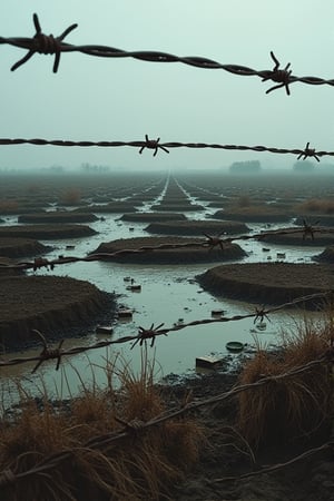 war-torn no man's land as seen from the perspective of someone standing just behind a barrier of barbed wire. The foreground should feature sharply detailed, rusted barbed wire, stretching across the frame, with the ends embedded into muddy, waterlogged soil. Beyond the barbed wire, depict a vast, desolate cratered landscape, symbolizing a battlefield. The field should be riddled with numerous craters filled with muddy water, reflecting a somber sky. Sparse, dead vegetation and remnants of military artifacts should be scattered across the muddy terrain. The lighting should be dim and overcast, enhancing the grim atmosphere of a war zone. The entire scene should convey a sense of abandonment and the harsh realities of conflict, rendered with ultra-realistic details to emphasize the texture of the mud, the rust on the barbed wire, and the overall bleakness of the environment."