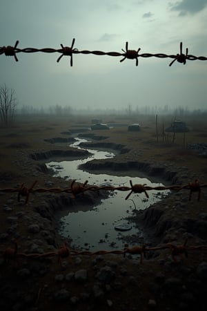 "Create a photorealistic image of a desolate, war-torn no man's land as seen from the perspective of someone standing just behind a barrier of barbed wire. The foreground should feature sharply detailed, rusted barbed wire, stretching across the frame, with the ends embedded into muddy, waterlogged soil. Beyond the barbed wire, depict a vast, desolate cratered landscape, symbolizing a battlefield. The field should be riddled with numerous craters filled with muddy water, reflecting a somber sky. Sparse, dead vegetation and remnants of military artifacts should be scattered across the muddy terrain. The lighting should be dim and overcast, enhancing the grim atmosphere of a war zone. The entire scene should convey a sense of abandonment and the harsh realities of conflict, rendered with ultra-realistic details to emphasize the texture of the mud, the rust on the barbed wire, and the overall bleakness of the environment."