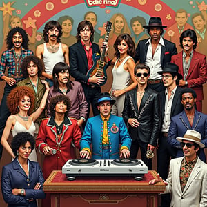 Create an image in the style of the iconic "Sgt. Pepper's Lonely Hearts Club Band" album cover, featuring all the famous and historical music figures listed below, with a DJ turntable being the centerpiece of the cover where the large bass drum would be in the original with the name of the band on it in the original type text "Sgt' Pepper's Lost Hearts Club" on the front of the table cover of the table holding the turn table that   Avicii wearing a cap and casual DJ attire, standing behind a set of turntables. Each artist should be instantly recognizable, wearing their signature outfits and maintaining their unique styles, all placed within a vibrant, collage-like scene resembling the original album cover. The backdrop should evoke a sense of colorful and lively energy, similar to the famous cut-out crowd and flowers of the original, with the artists assembled in tiers.

Jimi Hendrix in his psychedelic military jacket holding a guitar.
Janis Joplin in her signature bohemian clothing and sunglasses.
Kurt Cobain wearing a flannel shirt, with his guitar slung low.
Freddie Mercury in his white tank top and iconic pose.
Tom Petty in a black top hat and jacket, with his guitar.
David Bowie as Ziggy Stardust, with the lightning bolt makeup.
Eddie Van Halen holding his "Frankenstrat" guitar, smiling.
Tupac Shakur in a bandana and vest, throwing up a West Coast sign.
The Notorious B.I.G. in a suit and hat, with his classic cool pose.
Nipsey Hussle in his blue tracksuit, showing his dedication.
DMX shirtless with a chain, looking intense.
Coolio with his signature hairstyle, wearing a baggy outfit.
Michael Jackson in his iconic red "Thriller" jacket, striking a dance pose.
Whitney Houston in a glamorous gown, microphone in hand.
Prince in his purple outfit with a guitar, striking a stylish pose.
Amy Winehouse with her beehive hair, dressed in a retro black dress.
George Michael in sunglasses and leather jacket, standing confidently.
Aaliyah in her sleek, cool streetwear, striking a bold pose.
Avicii wearing a cap and casual DJ attire, standing behind a set of turntables.
Elvis Presley in his white leisure suit with rhinestones, wearing aviator sunglasses, striking a classic pose with a confident smile.
Each artist should be positioned in a way that reflects their unique personality, style, and contribution to music, blending together in a harmonious but eclectic assembly that pays homage to their legacies, all while adhering to the visual vibrancy and feel of the original "Sgt. Pepper’s" album cover.