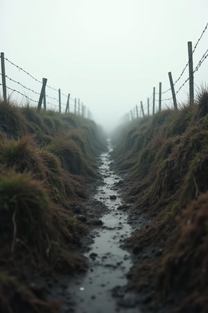 a wwq no man's land as if seen from the view of low crawling through it there are no people visible only the barbed wire the craters the the trenches the pill boxeas and the muddy fiield inbetween,  it is a overcast day no clouds