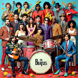 This image is the cover of Sgt. Peppers Lonely Hearts Club Band, an album by The Beatles. The art style is a collage, with a vibrant and colorful depiction of a variety of characters and objects. The medium appears to be a painted canvas, as the brush strokes and texture are visible.The colors are bright and bold, with a predominance of red, blue, yellow, and green. The palette is reminiscent of the 1960s, with a nostalgic and whimsical feel. The characters listed below are dressed in costumes that reflect the era, with a mix of military, circus, and other eclectic outfits.The central figure is a drum set with the albums title, Sgt. Peppers Lonely Hearts Club Band, written on it. Surrounding the drum set are numerous other characters, including historical figures, celebrities, and fictional characters. They are arranged in a tiered fashion, with some standing and others seated, creating a sense of depth.The objects in the image include instruments like guitars, a trumpet, and a trombone, which are indicative of a musical theme. There are also flowers, a guitar pick, and a microphone stand, which further emphasize the musical aspect of the album. The overall composition is playful and imaginative, capturing the essence of the albums concept.The characters and objects are arranged in a way that suggests a celebration or a gathering, with a sense of joy and whimsy. The image is a tribute to the diversity of music and the impact of The Beatles album on popular culture.
Jimi Hendrix in his psychedelic military jacket holding a guitar.
Janis Joplin in her signature bohemian clothing and sunglasses.
Kurt Cobain wearing a flannel shirt, with his guitar slung low.
Freddie Mercury in his white tank top and iconic pose.
Tom Petty in a black top hat and jacket, with his guitar.
David Bowie as Ziggy Stardust, with the lightning bolt makeup.
Eddie Van Halen holding his "Frankenstrat" guitar, smiling.
Tupac Shakur in a bandana and vest, throwing up a West Coast sign.
The Notorious B.I.G. in a suit and hat, with his classic cool pose.
Nipsey Hussle in his blue tracksuit, showing his dedication.
DMX shirtless with a chain, looking intense.
Coolio with his signature hairstyle, wearing a baggy outfit.
Michael Jackson in his iconic red "Thriller" jacket, striking a dance pose.
Whitney Houston in a glamorous gown, microphone in hand.
Prince in his purple outfit with a guitar, striking a stylish pose.
Amy Winehouse with her beehive hair, dressed in a retro black dress.
George Michael in sunglasses and leather jacket, standing confidently.
Aaliyah in her sleek, cool streetwear, striking a bold pose.
Avicii wearing a cap and casual DJ attire, standing behind a set of turntables.
Elvis Presley in his white leisure suit with rhinestones, wearing aviator sunglasses, striking a classic pose with a confident smile.
Each artist should be positioned in a way that reflects their unique personality, style, and contribution to music, blending together in a harmonious but eclectic assembly that pays homage to their legacies, all while adhering to the visual vibrancy and feel of the original "Sgt. Pepper’s" album cover
