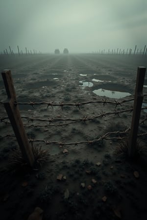 "Create a photorealistic image of a desolate, war-torn no man's land as seen from the perspective of someone standing 10- 15 feet behind a barrier of barbed wire strung across the ground. The foreground should feature sharply detailed, rusted barbed wire, stretching across the frame, with the ends embedded into muddy, waterlogged soil. Beyond the barbed wire, depict a vast, desolate cratered landscape, symbolizing a battlefield. The field should be riddled with numerous craters filled with muddy water, reflecting a somber sky. Sparse, dead vegetation and remnants of military artifacts should be scattered across the muddy terrain. The lighting should be dim and overcast, enhancing the grim atmosphere of a war zone. The entire scene should convey a sense of abandonment and the harsh realities of conflict, rendered with ultra-realistic details to emphasize the texture of the mud, the rust on the barbed wire, and the overall bleakness of the environment."