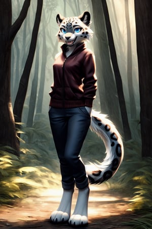 3d render, solo, realistic, perfect, masterpiece, computer generated, female, closeup, portrait, anthro, furry, tall, snow leopard, toothy smile, fully clothed, brightly lit, no hair, close up portrait, beautiful, intricate rosette markings, bright lighting, digitigrade legs, white paws and hands, fluffy fur, digitigrade legs, digitigrade, standing, sunlit forest clearing, summer, tomboy, rosette markings, gray nose, blue eyes, white sclera, skinny, black claws, casual, friendly, forest background, bright sunlight, sfw,3DMM,FurryCore