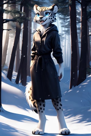 3d render, solo, realistic, perfect, masterpiece, computer generated, female, closeup, portrait, anthro, furry, tall, snow leopard, toothy smile, fully clothed, brightly lit, no hair, close up portrait, beautiful, intricate rosette markings, bright lighting, digitigrade legs, white paws and hands, fluffy fur, digitigrade legs, digitigrade, standing, sunlit forest clearing, summer, tomboy, rosette markings, gray nose, blue eyes, white sclera, skinny, black claws, casual, friendly, forest background, bright sunlight, sfw,3DMM,FurryCore