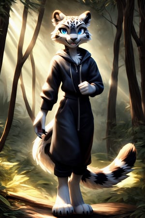 3d render, solo, realistic, perfect, masterpiece, computer generated, female, closeup, portrait, anthro, furry, tall, snow leopard, toothy smile, fully clothed, brightly lit, no hair, close up portrait, beautiful, intricate rosette markings, bright lighting, digitigrade legs, white paws and hands, fluffy fur, digitigrade legs, digitigrade, standing, sunlit forest clearing, summer, tomboy, rosette markings, gray nose, blue eyes, white sclera, skinny, black claws, casual, friendly, forest background, bright sunlight, sfw,3DMM,FurryCore