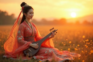 Here's a prompt for an image:

ancient Chinese goddess Nuwa, sitting at the edge of a serene field as the sun sets, casting warm golden light over the landscape.her exquisite random color sexy Hanfu dress shimmering with fairy energy. Delicate Hunan embroidery adorns the flowing garments, 
sitting and playing Chinese guzheng. A radiant smile illuminates her striking face, captivating the viewer's gaze. Her eyes sparkle with an otherworldly beauty, as if infused with the essence of the natural world. The fairy ribbon on her hand floats softly, its gentle flutter a testament to her divine presence. In this stunning super-masterpiece, Nuwa embodies timeless wisdom and wonder, inspiring awe in all who behold her.